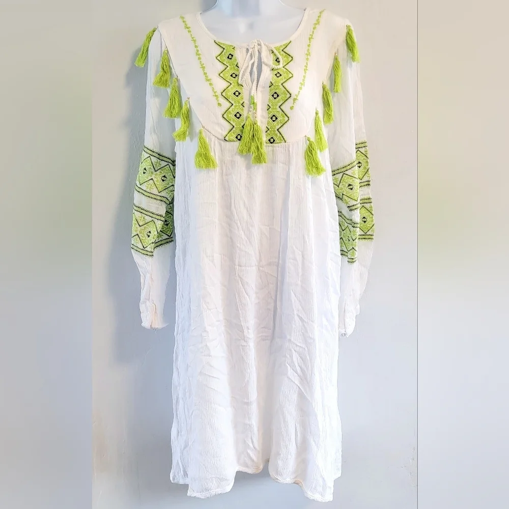 L NWT Chealsea & Theodore Tassel Embroidered Tribal Boho Shift Dress Cotton Midi - Picture 1 of 6